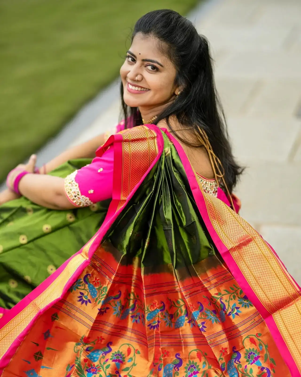 South Indian TV Actress Shiva Jyothi Traditional Green Saree